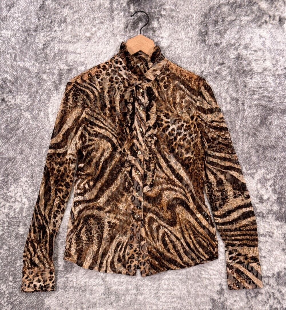 St John Blouse 4 Womens Abstract Animal Print Mesh Ruffle Collar Button Up Top